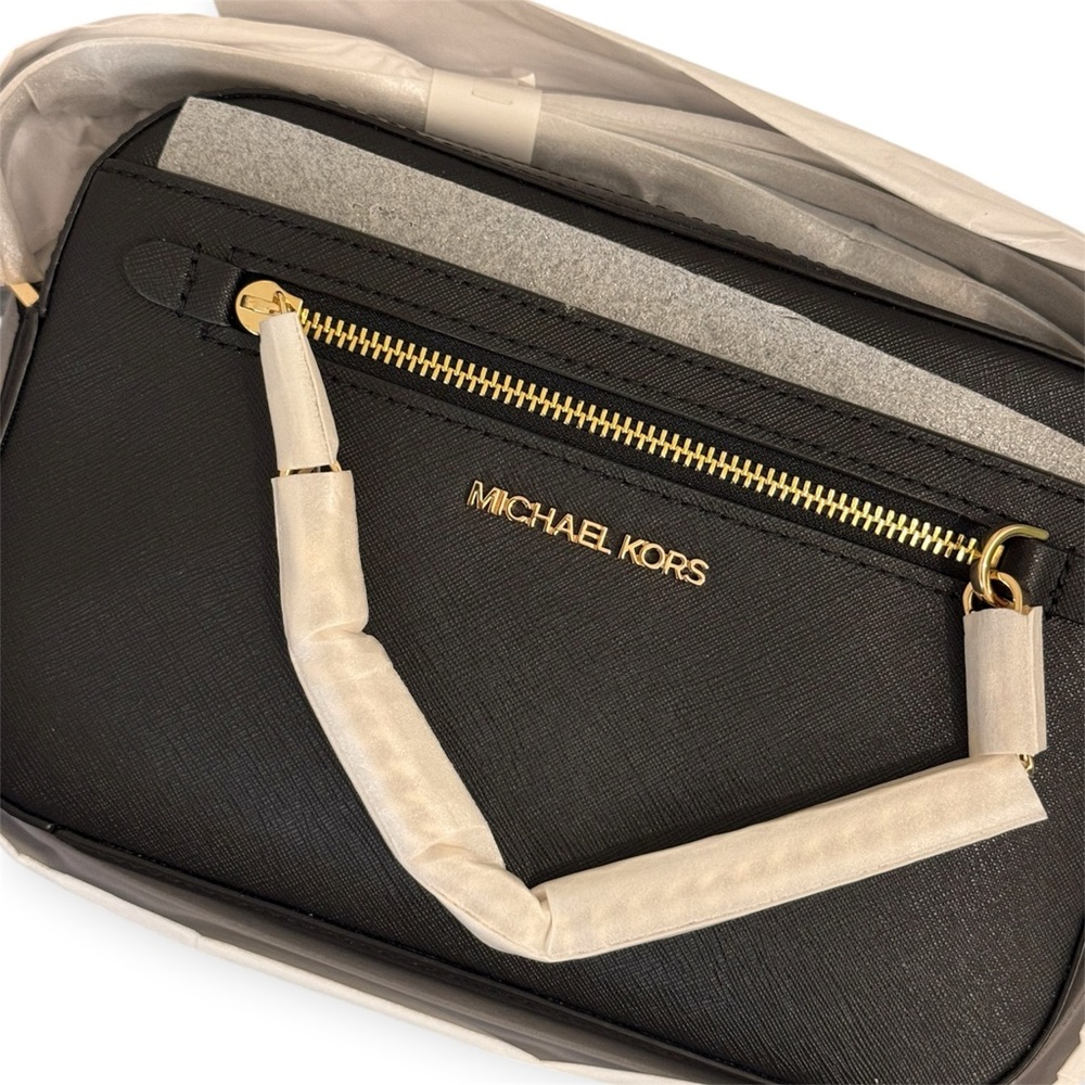 Michael Kors Jet Set Large Saffiano Leather Crossbody | Black/Gold | New - Picture 6 of 8